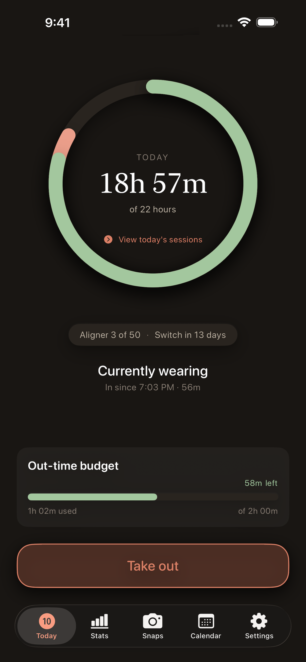 Today screen in dark mode showing 18h 57m